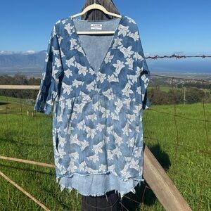 One Teaspoon Distressed Denim Floral Oversized Tunic Dress Western Boho XS